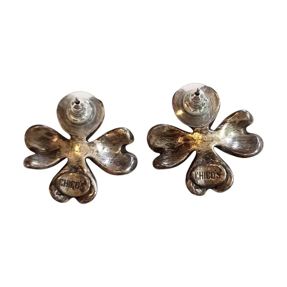 Vintage Chicos Orange Enamel Rhinestone Flower Earrings